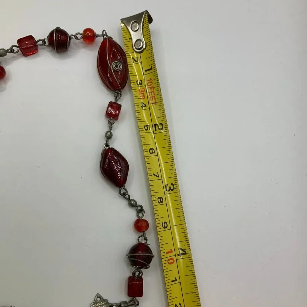 Handcrafted Vintage Style Boho Red Glass Beaded Metal Accent Long Necklace